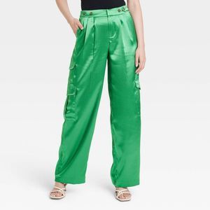 Women's High-Rise Satin Cargo Pants - A New Day Green 8